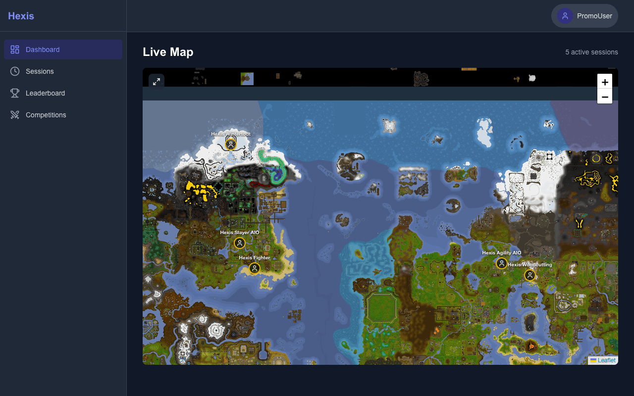 Live Map showing active bot sessions across the OSRS world