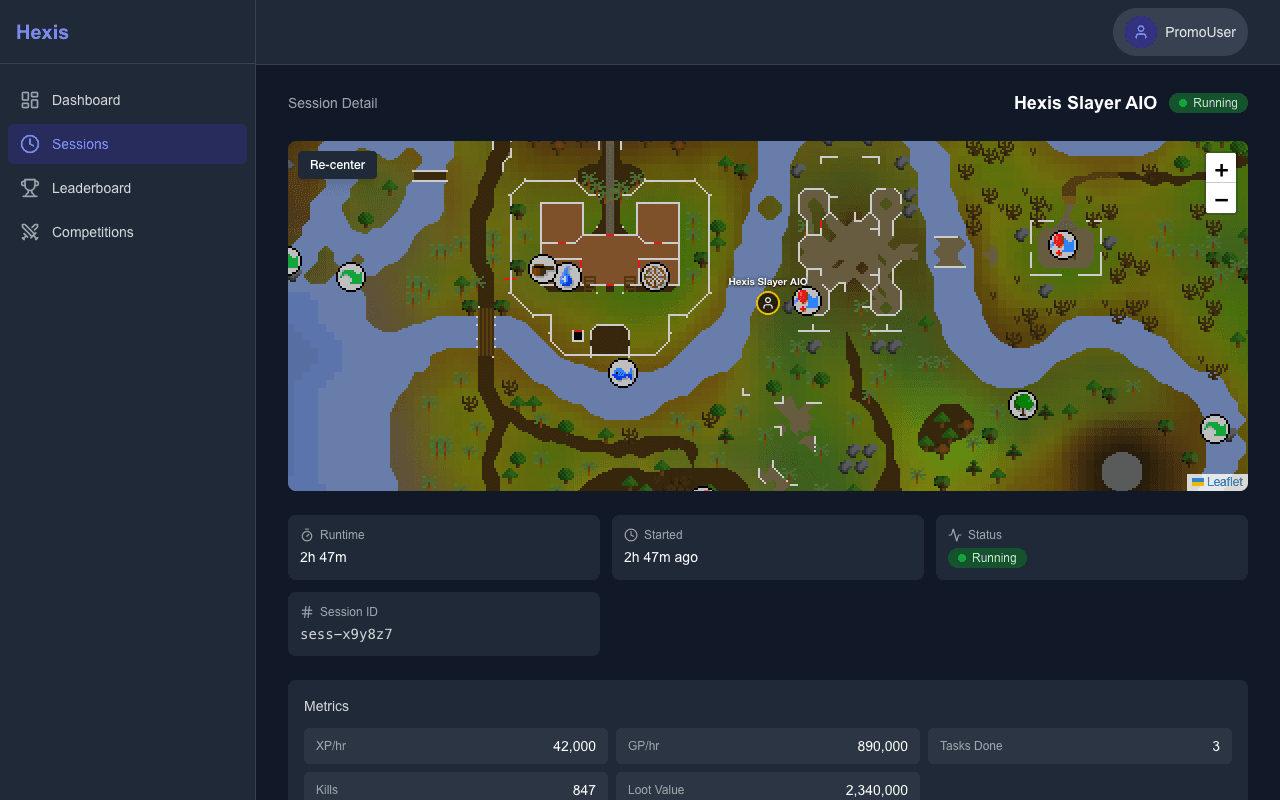 Session detail view with metrics and controls